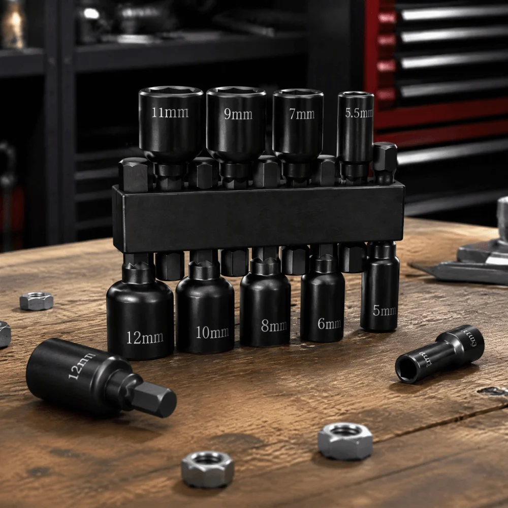 5-12mm 9pcs Socket Set Standard Hex Inner Hex Hex Nut Driver 1/4 Inch Hex Shank Universal Shank Magnetic Socket Bits Diytools