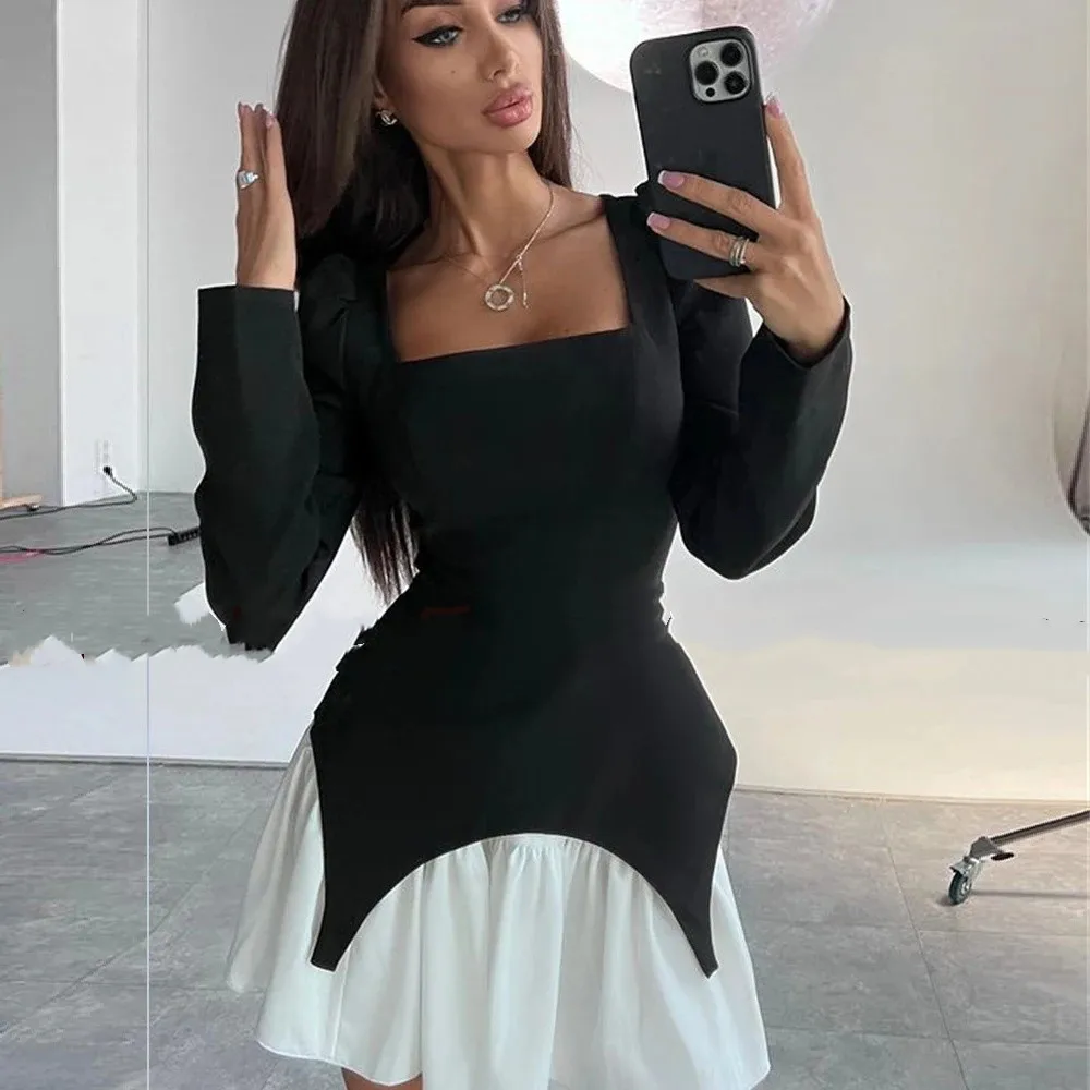 Beautiful Short Evening Dresses For Women Fashionable Vintage Deep Square Collar neck Long Sleeves EBlack Graduation Dress
