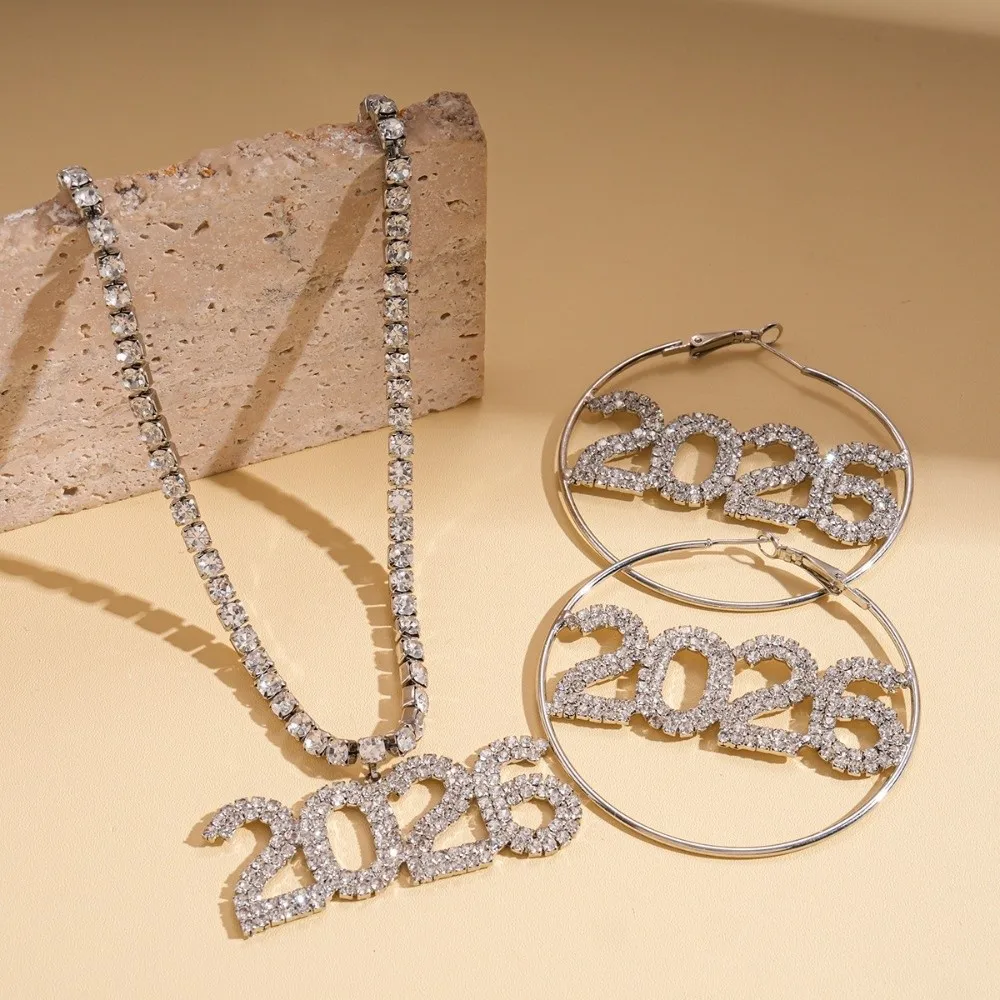 بدلة مجوهرات جمالية عتيقة 2026 مبالغ فيها من حجر الراين أقراط سنة جديدة سعيدة لامعة قطرة طويلة 2026 قلادة للحفلات #5