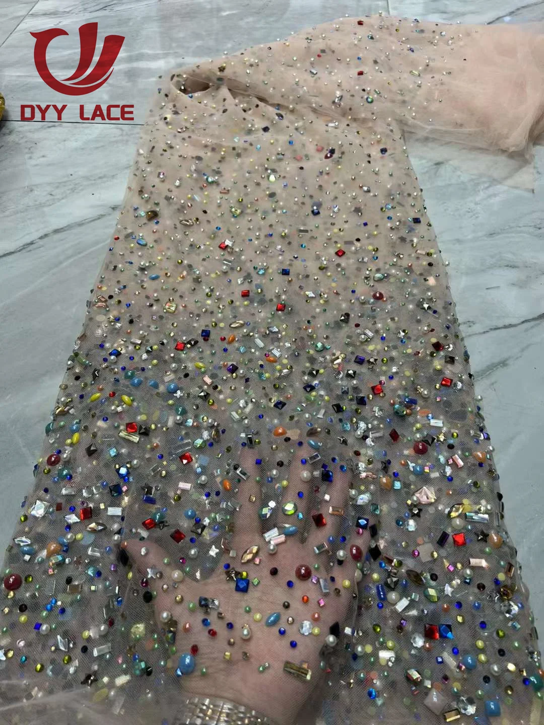 New Design Heavy Stones Nigerian Lace Fabrics African Tulle Net Lace Luxury Crystal Stones Beads Fabrics For Wedding 5 Yards