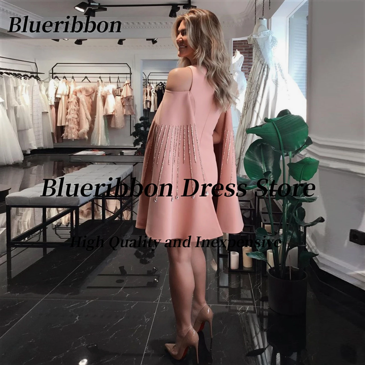 Blueribbon Vestidos De Festas V Neck Beading Flutter Sleeves Short Prom Dresses Zipper Back Mini Cocktail Party Gowns