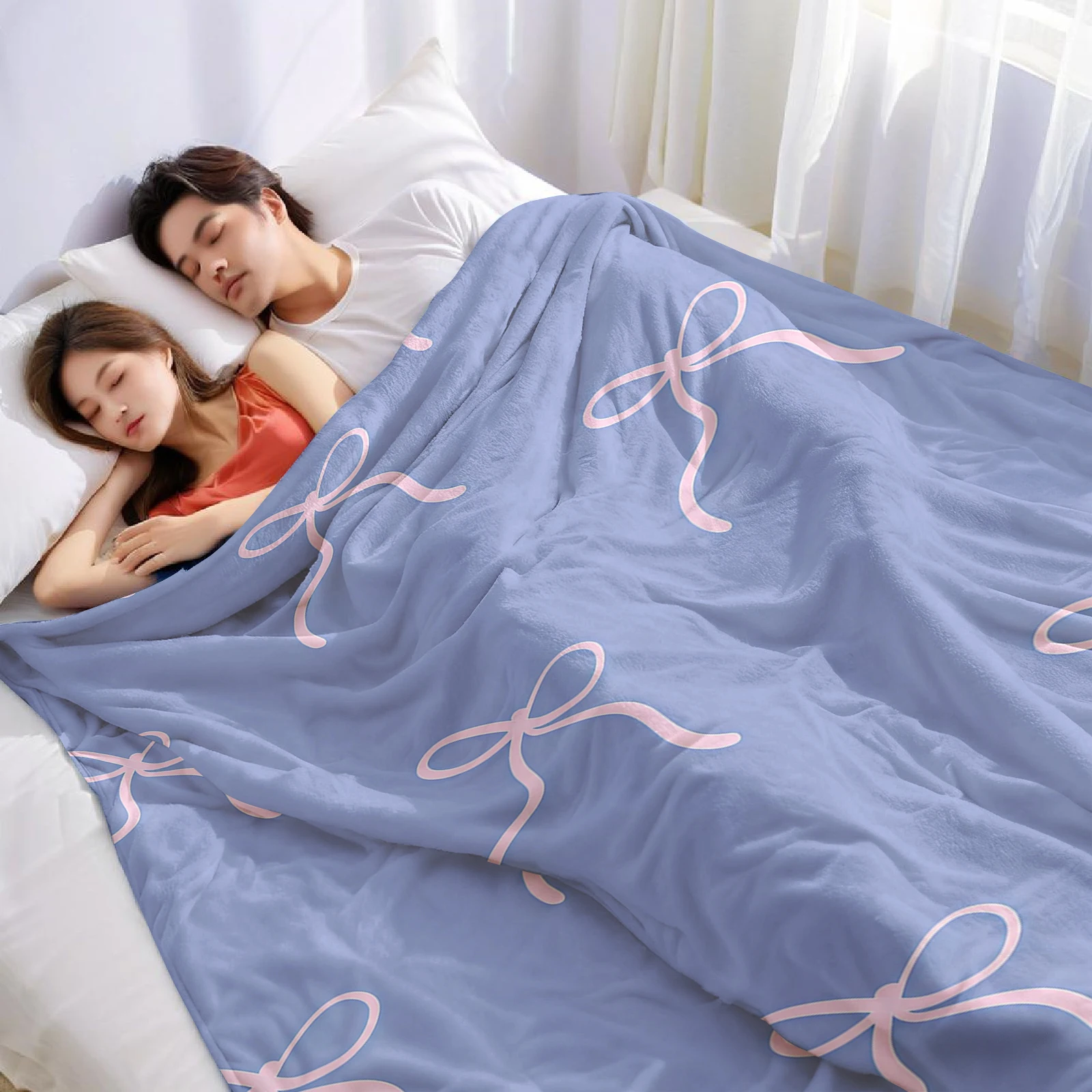 Lilac Pink Bow Cartoon Anime Print Flannel Blanket Soft Warm Throw for Kids Bedroom Sofa Bed Christmas Office Car