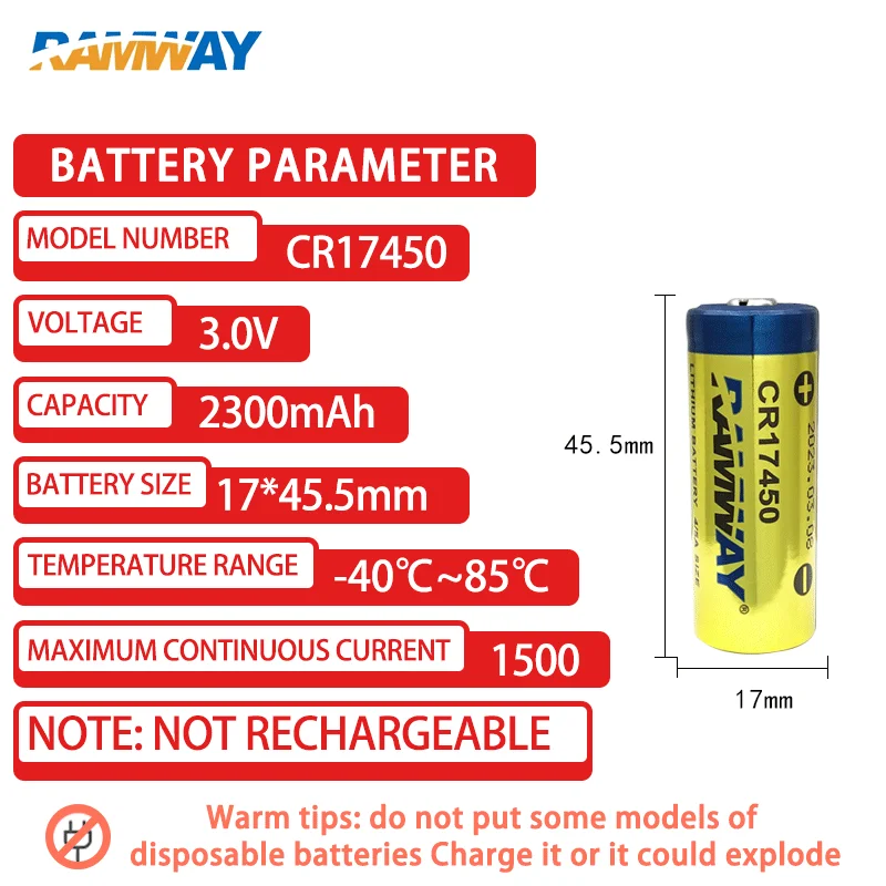 RAMWAY CR17450 3V 2300mAh lithium batteries for GPS locator PLC industrial control server life-saving clothing networking device