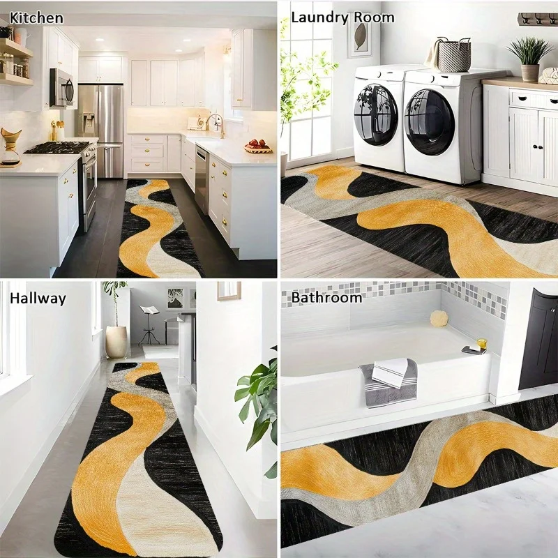 1pc European-style Black Background with Yellow and Gray Wave Pattern Runner Rug, Long Strip Rug, Bathroom Mat, Non-slip Runne