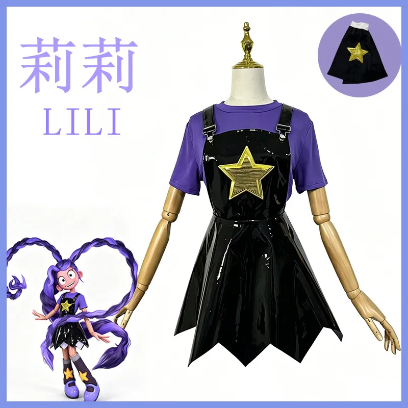 Image of Cartoon LILI Cos Outfit Glänzender schwarzer Stern-Hosenträgerrock Lila T-Shirt Passende Socken Anime Halloween Kostüm