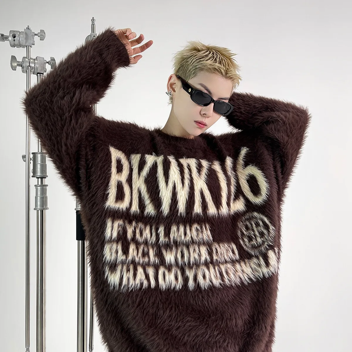 

Loose Fit round Ne Knitwear Men's American Sle Soft Polyester Faux Fur Sweater Autumn Winter Casual Long Sve Top