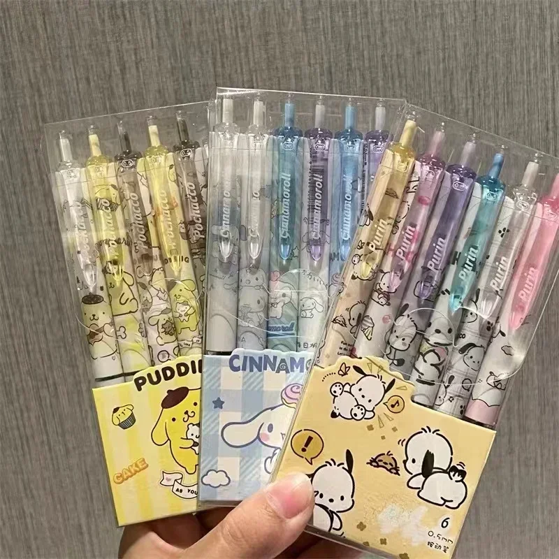 6Pcs Sanrio Gel Pen Hello Kitty Cartoon Kuromi Kawaii Quick Drying Black 0.5mm Press The Ballpoint Pen Learning Stationery Gifts