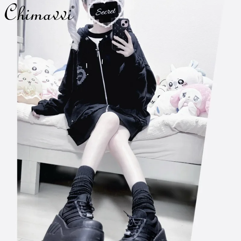 

Japanese Punk Style Dark Gothic Retro Cross Sweatshirt Jacket Autumn New Subculture Distressed Gothic Cardigan Hooded Coat