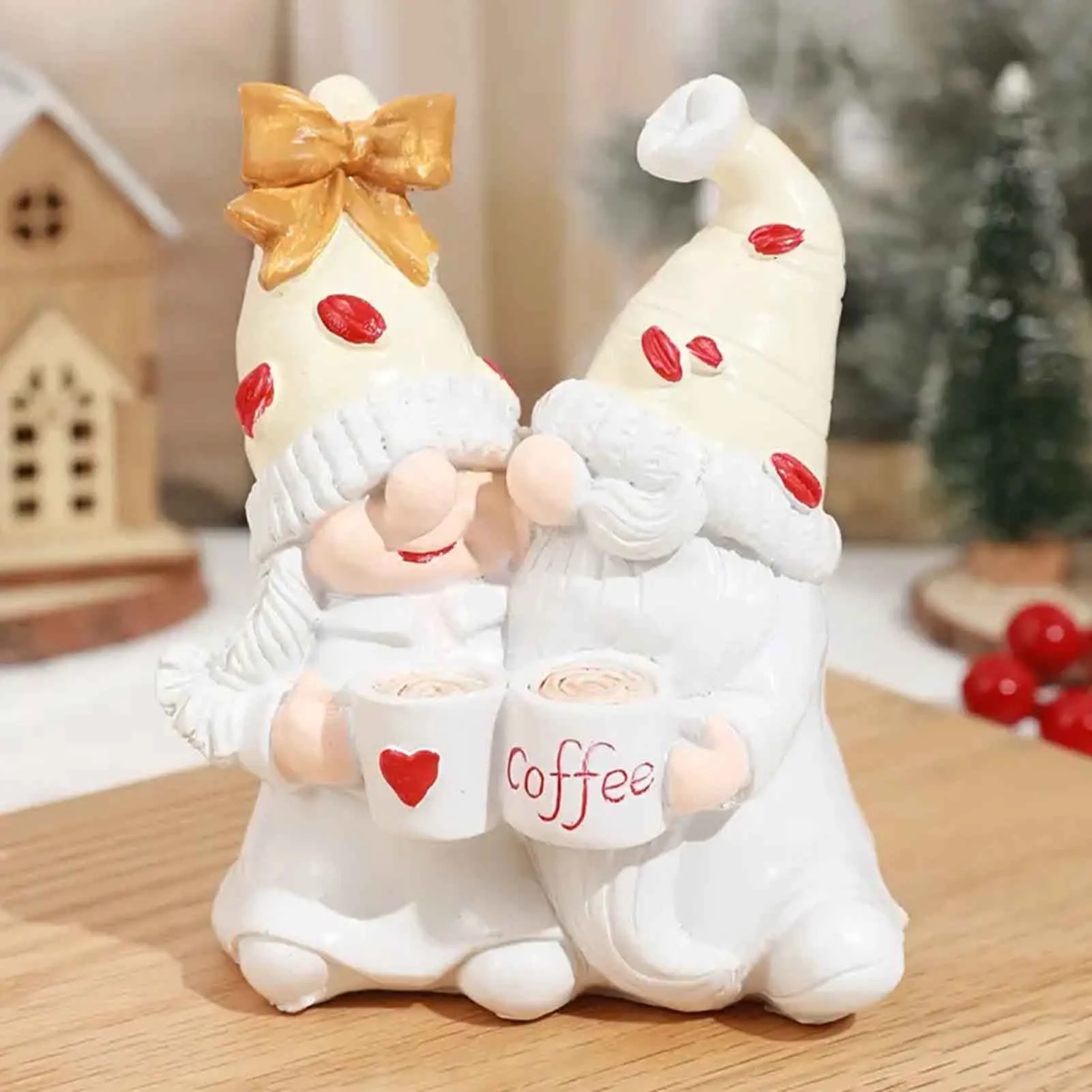 Adorable Coffee Couple Gnome Figurine Heartwarming and Cheerful Atmosphere Outdoor Statue Suitable for Gardens Porches