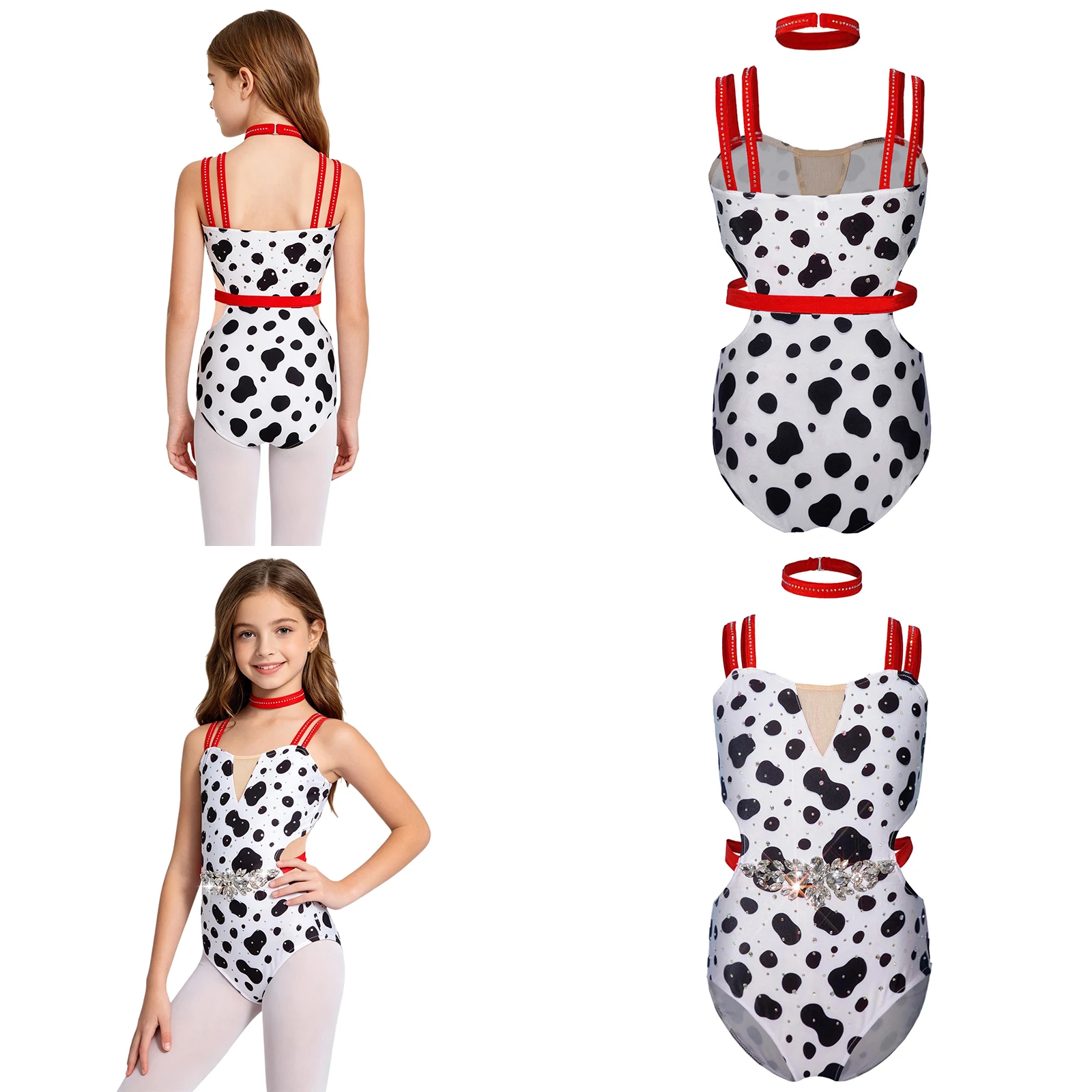 

Kids Girls Dalmatian Cosplay Costumes Sparkly Rhinestones Sleeveless Double Straps Deign Waist Cutout Leotard for Themed Party