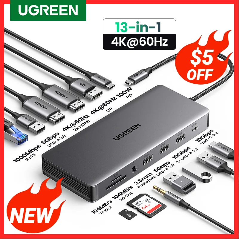 

Док-станция UGREEN USB C 13 в 1, HDMI, 10 Гбит/с, 100 Вт