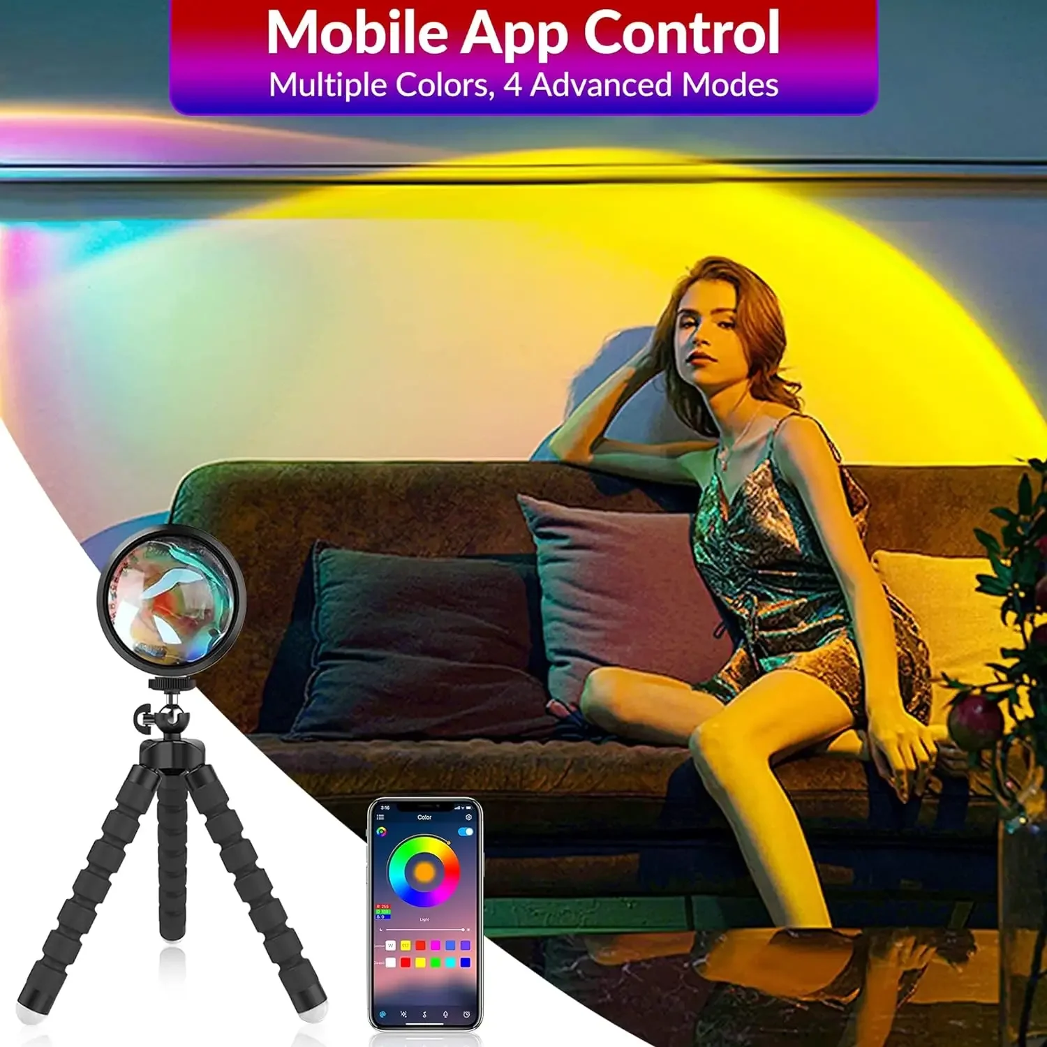 Sunset Strip 16 RGB Colour Changing LEDs - Tripod Projection Light with 360° Rotation for Photography/Parties/Home Decoration