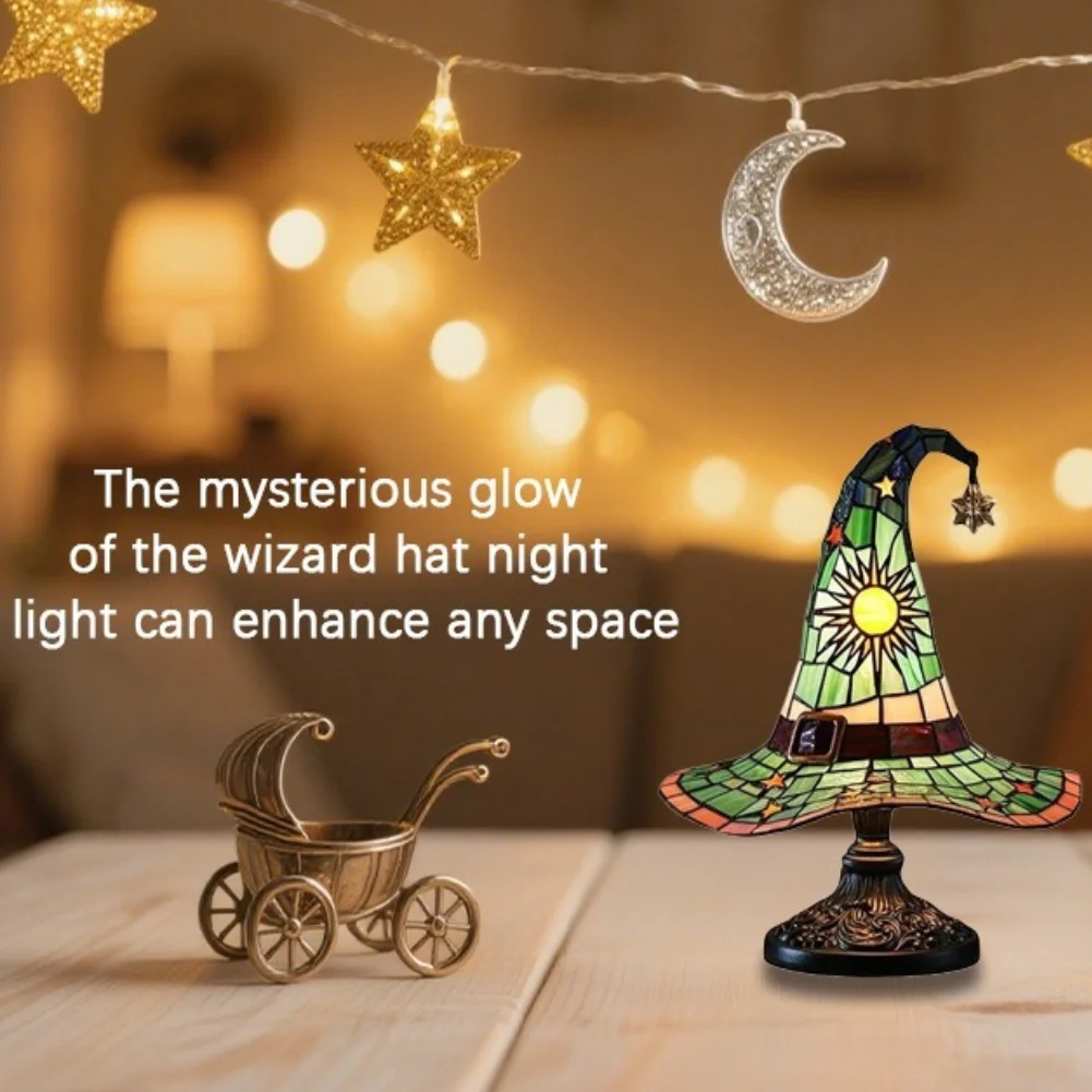 Criativo chapéu de bruxa lâmpada de vidro manchado chapéu de bruxa lâmpada usb alimentado criativo candeeiro de mesa luz da noite para sala estar casa quarto