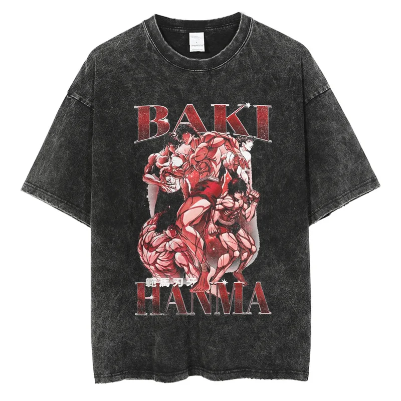 Baki Print Vintage Cotton Tees for Men Women Summer Casual Oversized T-Shirt Tees Gym Workout Training Short Sleeve Tops Outfits