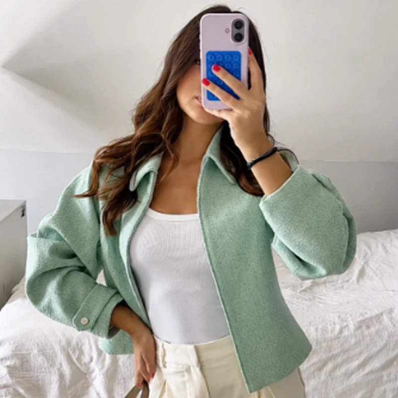 HXAO Kurze Tweed-Jacke Damenjacke Demi-Season 2026 Reißverschluss Langarm-Oberteil Mintgrün Strukturierte Oberbekleidung Streetwear-Mäntel – Detail 8