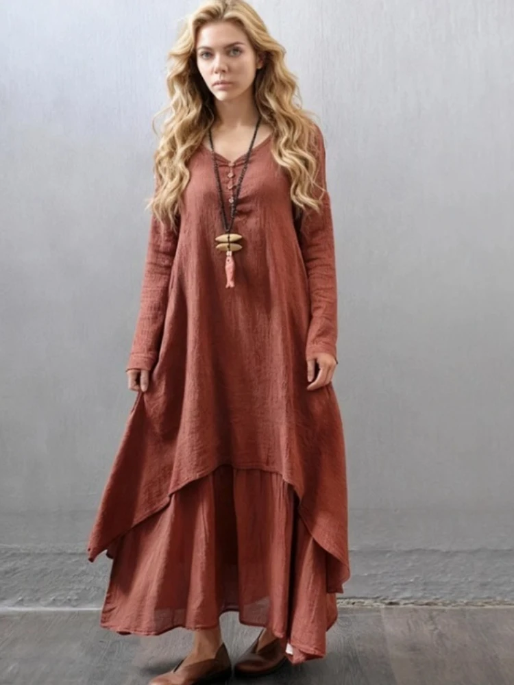 Abito estivo elegante in lino maxi tinta unita Abito casual a maniche lunghe con scollo a V Abito ampio Boho Abiti vintage con orlo asimmetrico