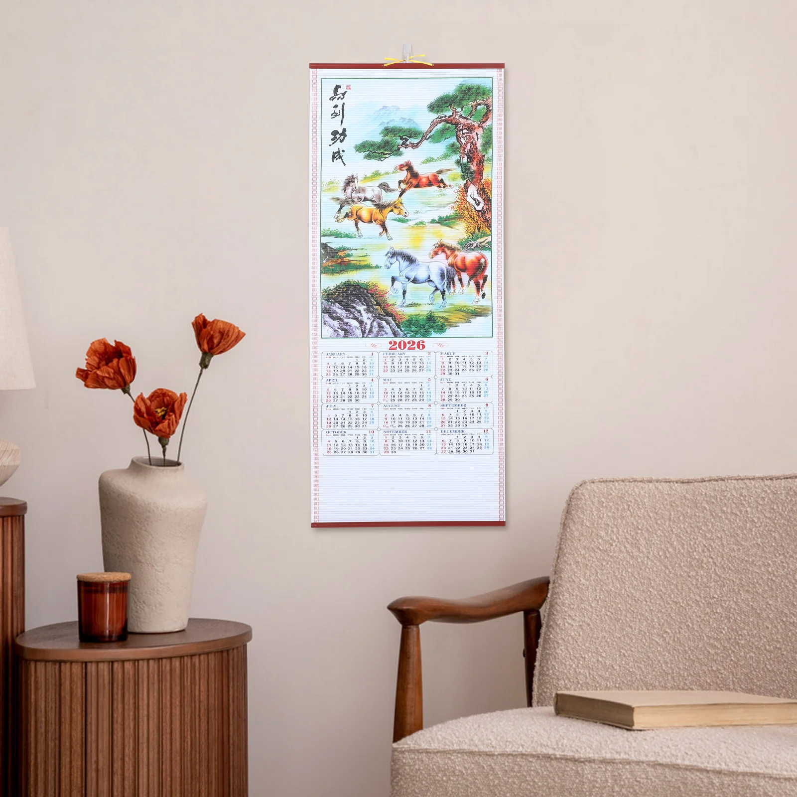 

Horse Year 2026 Hanging Scroll Calendar Traditional Chinese Wall Decor with Detailed Printing for Home Office Festival