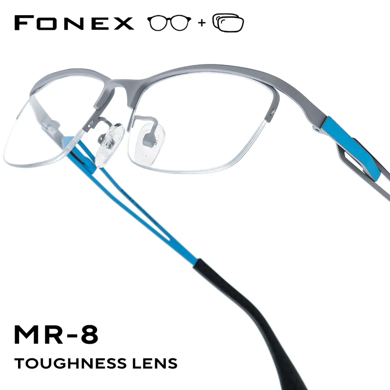 FONEX Progressive Prescription Glasses Photochromic Myopia Optical Lens Eyewear Men Square Eyeglasses Semi-Rim Titanium Frames