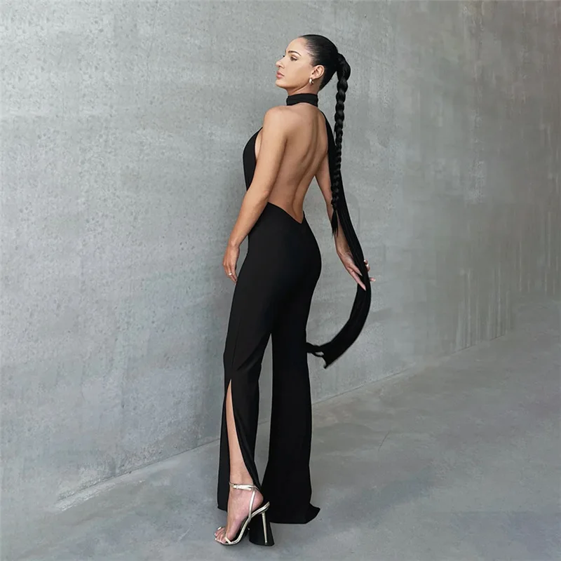 Black Sexy Skinny Hollo Out Backless Halter Slim Flare Pants Jumpsuits Women 2024 Autumn Streetwear One Piece Overalls Clothes