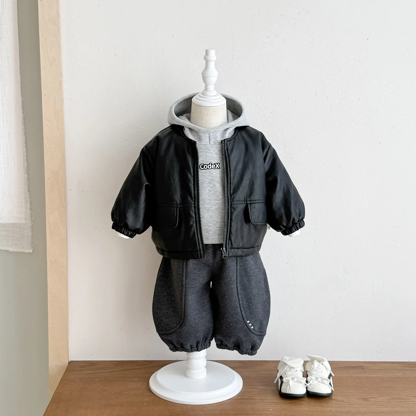 2pcs Set 2026 Boys Leather Jacket Quilted Fall Winter Thick New Baby Warm Infant Kids Winter Boys Grey Hoodie and Black Jacket