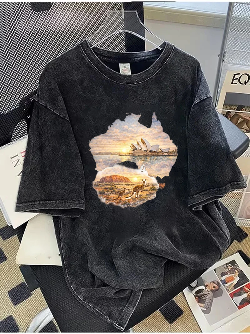Danqi Yoyo Cotton Washed Short-sleeved T-Shirt Northern Lights Waterfall Print Tee Soft Vintage Feel Loose Fit Top for Women Men