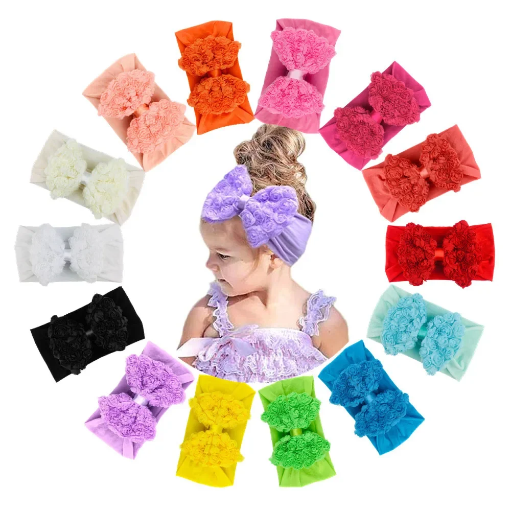 

Soft Comfortable Elastic Nylon Hairband Infant Solid Color Chiffon Rose Flowers Bowknot Headband Cute Bows Headwear Photo Props