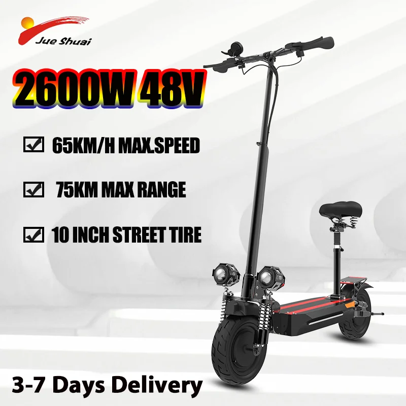 75KM Maximum Speed Folding Electric Scooter 2600W Powerful Dual Motor Scooter Electric 10 Inch Street Tire with Seat E Scooter