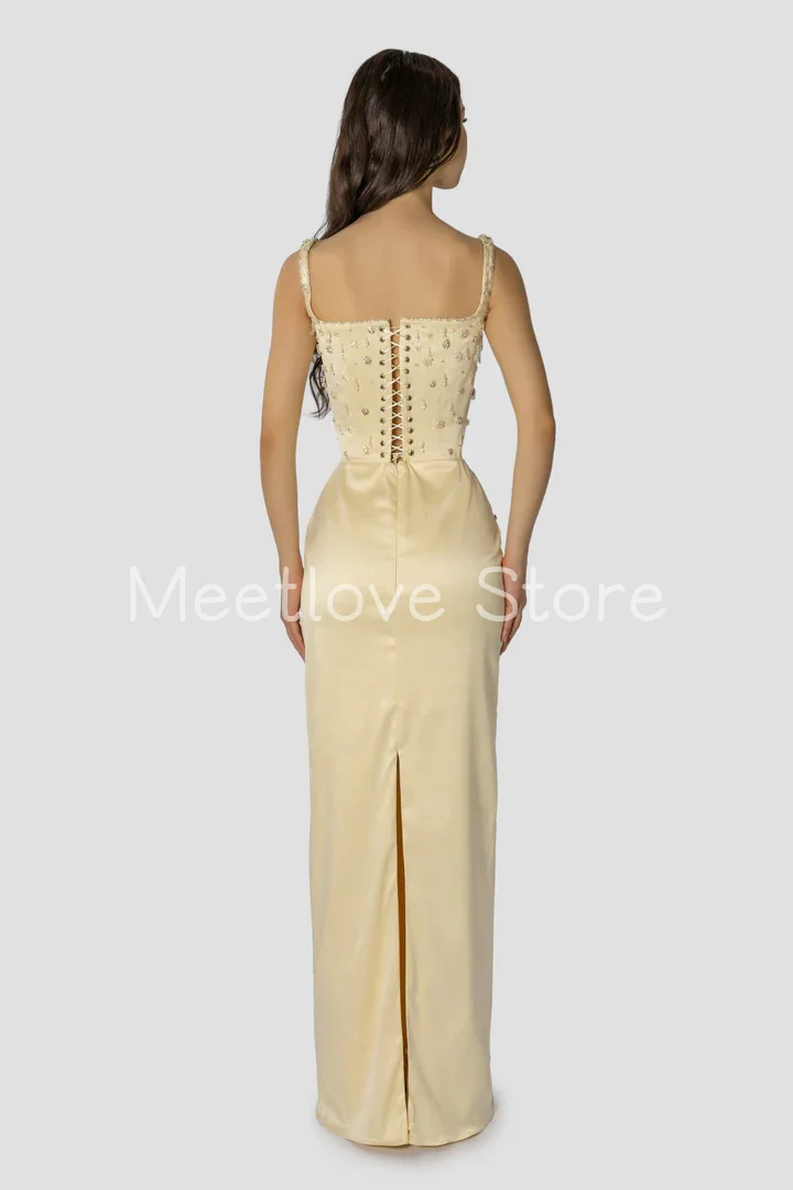 

Meetlove Spaghetti Strap Yellow Prom Dresses Floor Length Sleeveless Prom Gowns For Women Customized 2025 Crystal Beading