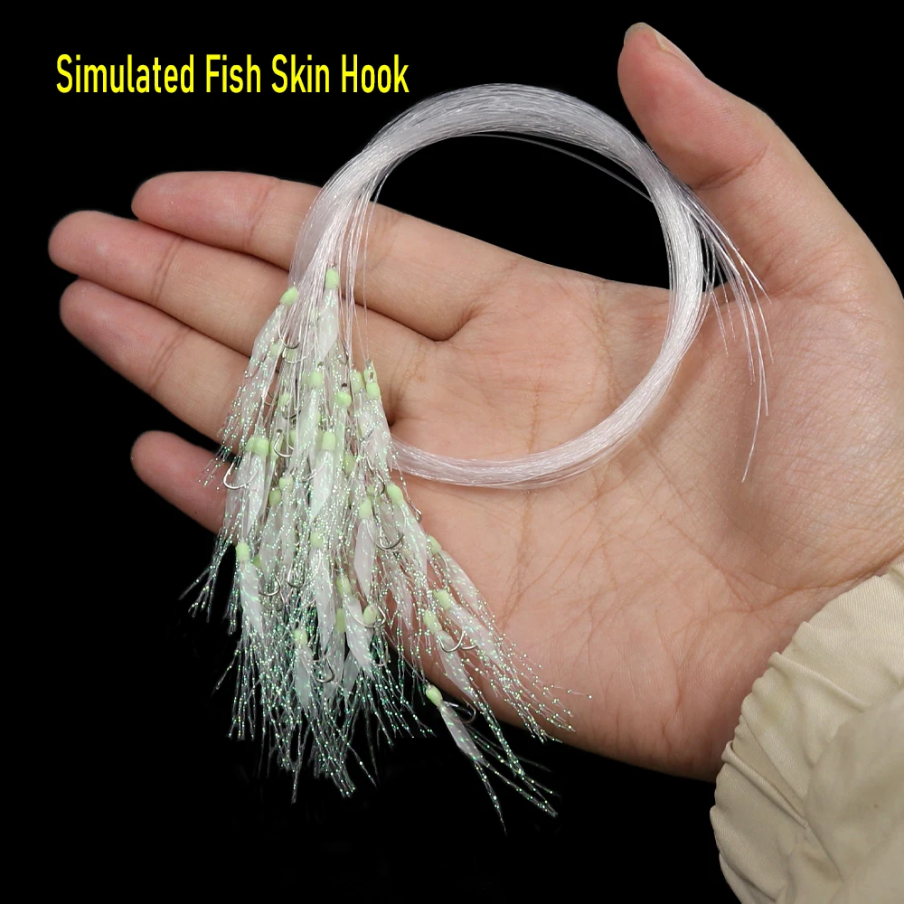 WIFREO 50pc Luminous Simulated Fish Skin Fishing Hook with Fishing Line Sabiki Rig Sub-line Hooks Saltwater Fish Skin Lure Pesca