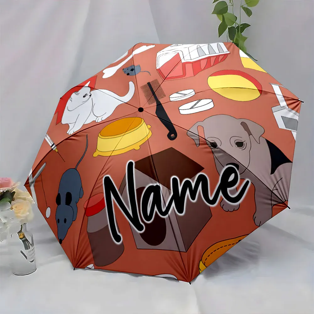 Custom Name Pet Care-Themed Illustrated Umbrella 8 Iron Ribs Folding Umbrella Auto-Open Fashionable Sunshade Deluxe Gift