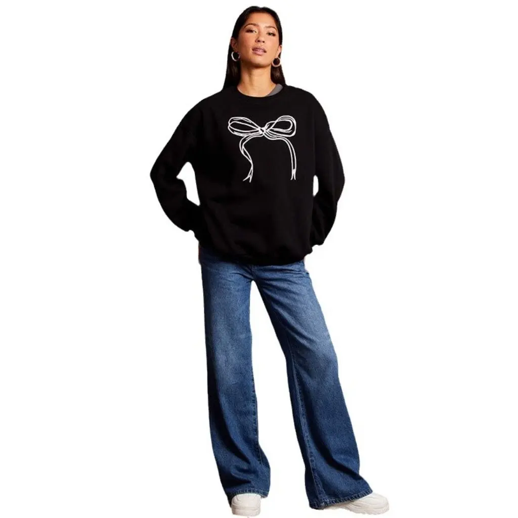 

Women's Autumn Winter Long Sleeve Pullover Sweater round Neck Loose Fit Bow Detail European Style Top