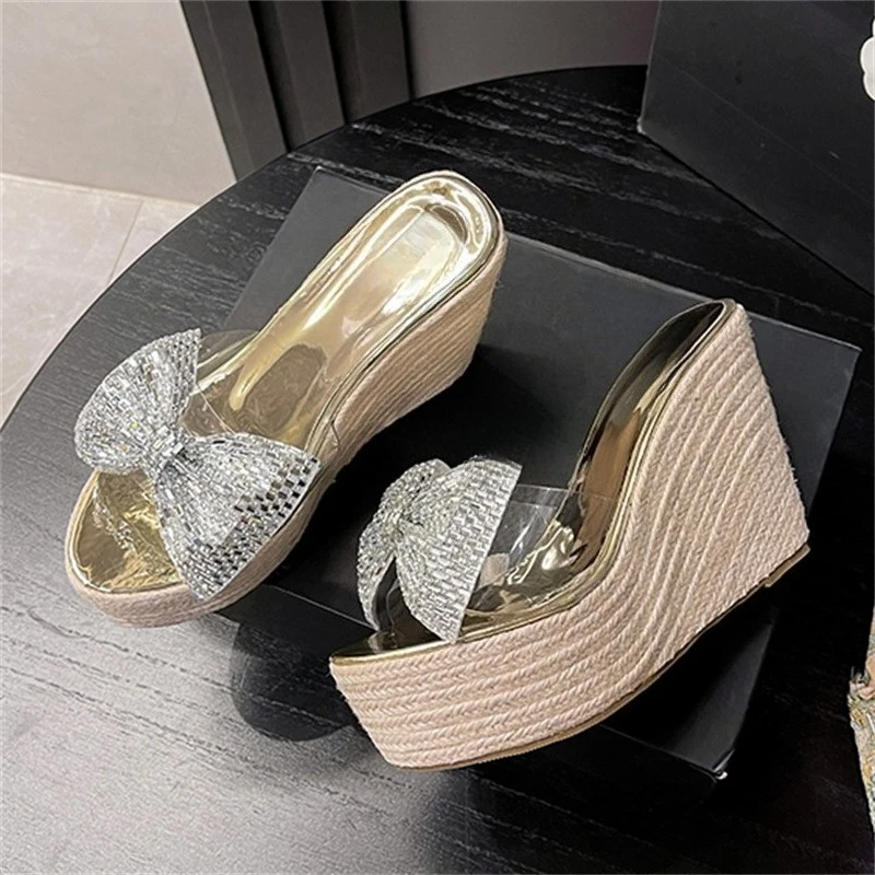 

Aneikeh Fashion Platform Hemp Rope Weave Wedges High Heels Slides CRYSTAL Butterfly-kont PVC Transparent Women Slippers Shoes