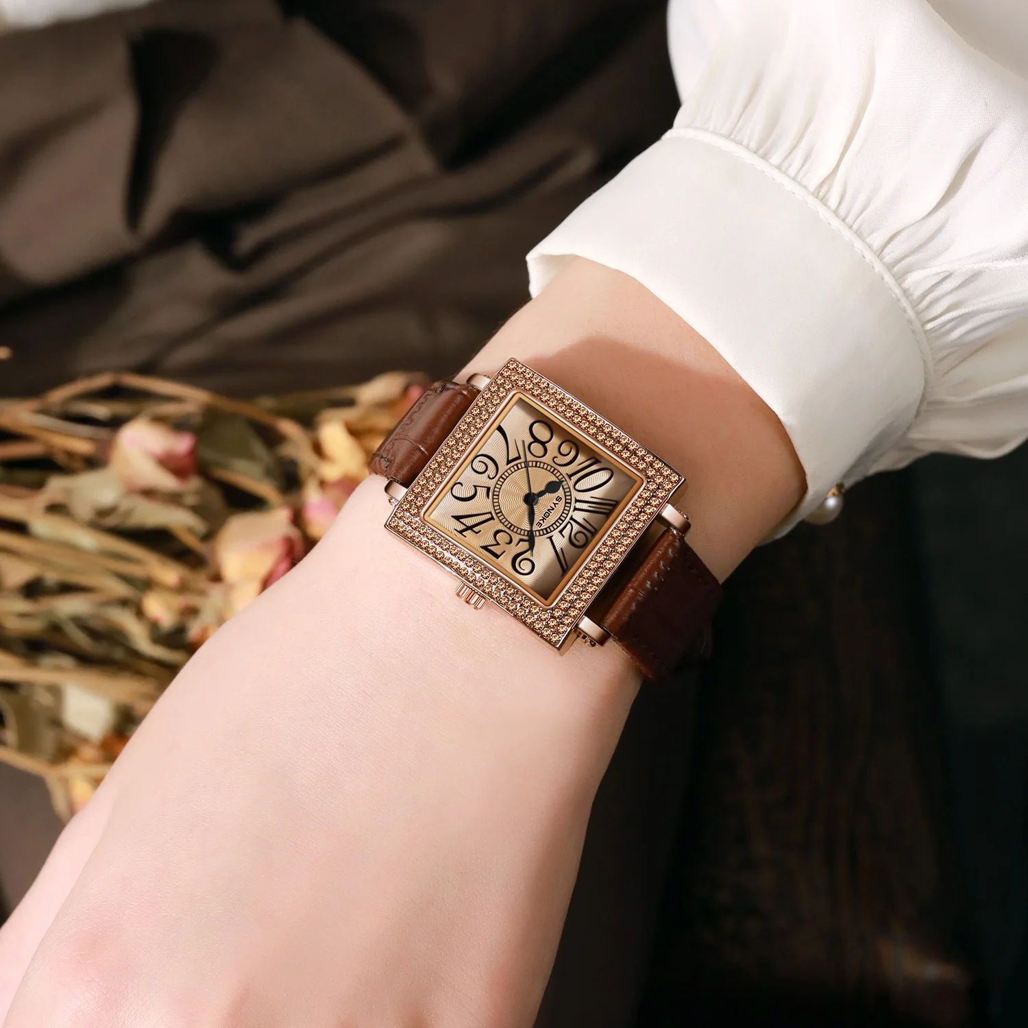 Relojes de esfera con números árabes para mujer, reloj de pulsera de cuero de cuarzo, reloj de lujo para mujer