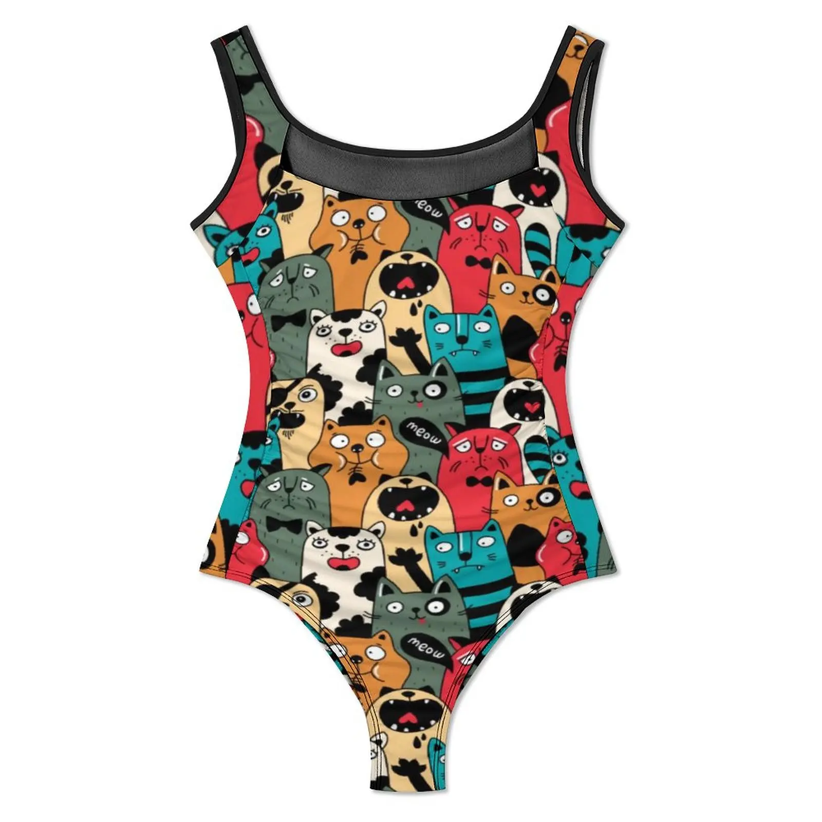 The Crowd of Cats Swimsuit Sexy Animal Ladies Swimwear One Piece Trendy Bodysuit Holiday Swim Push Up Hollow Out Bathing Suit