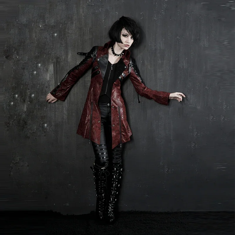 PUNK RAVE Gothic Style Women Vampire Red Punk Studded Heavy Pu Motorcycle Jacket Leather Fashion Brand Quality Long Coat