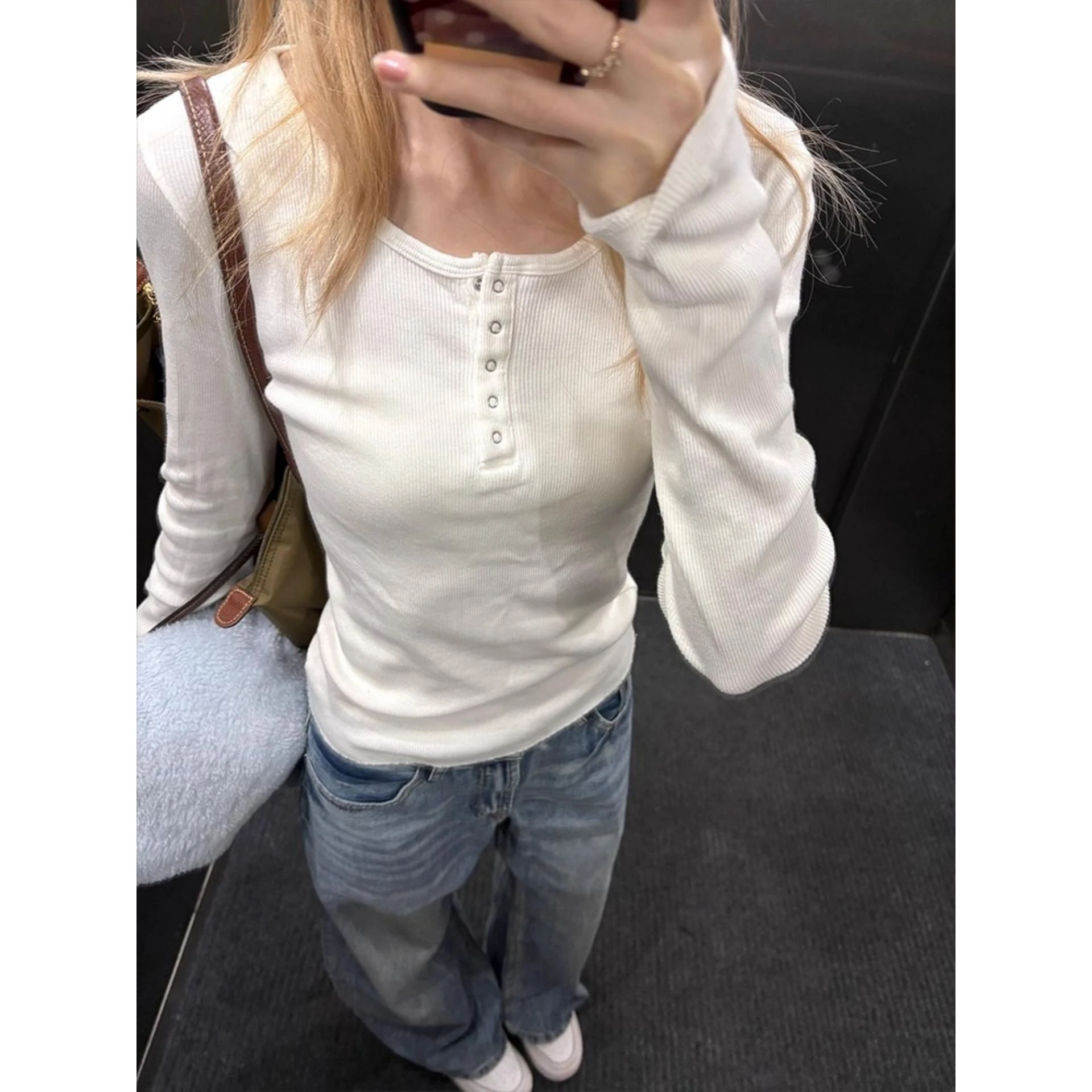Slim Fit Long Sleeve T-Shirt Women's Autumn Winter Button up Henry Collar Base Shirt Inner Wear Shoulder Level Outerwear Top