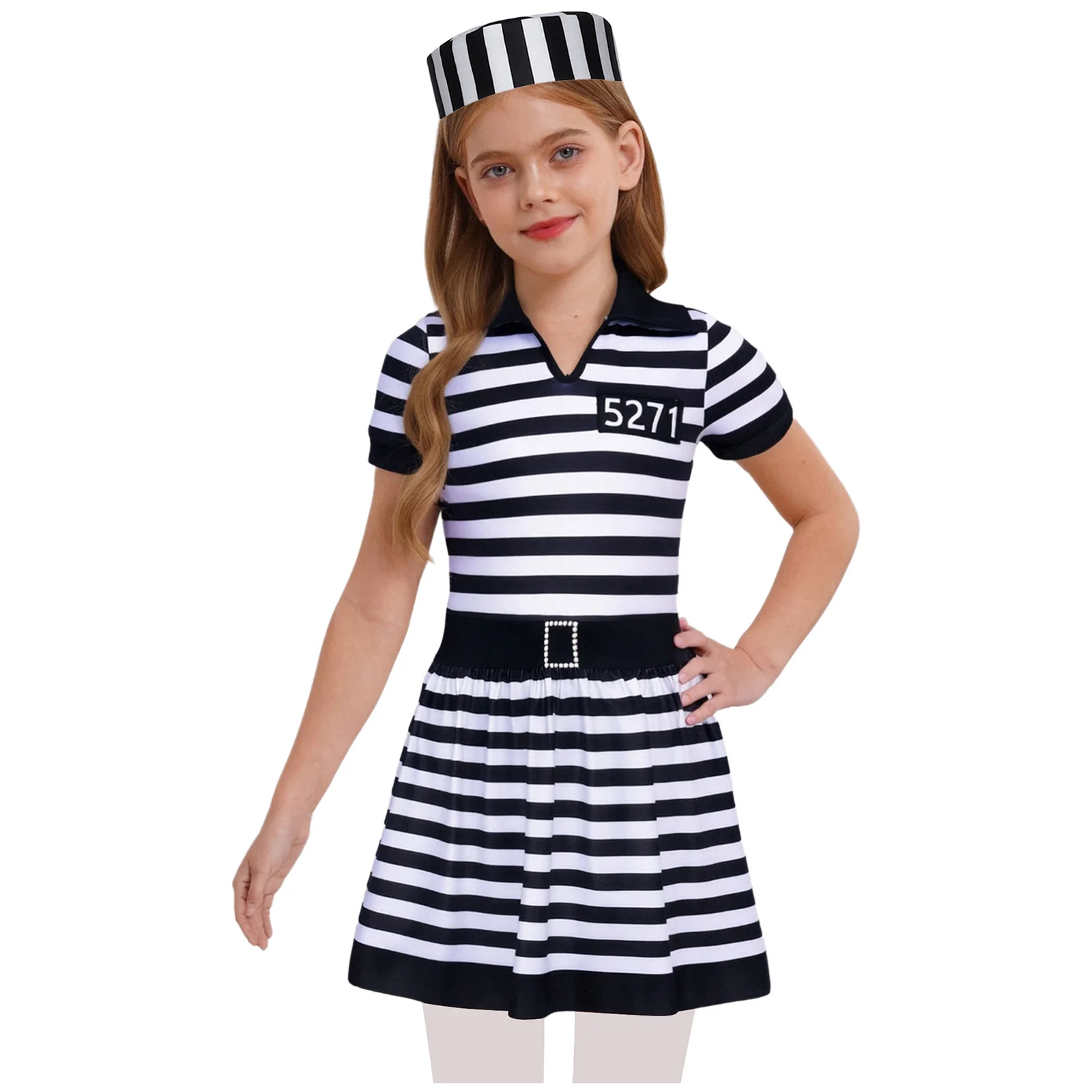 

Kids Girls Prisoner Striped Dress for Halloween Costume Convict Cosplay Short Sleeve Built-In Briefs Dress and Convict Caps