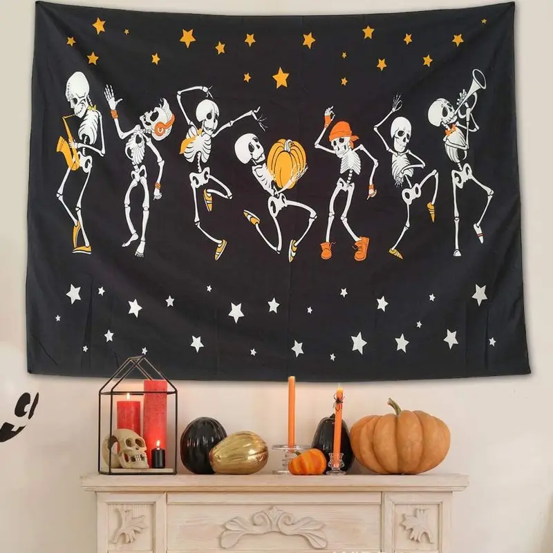 VIKAMA Dancing Skeleton Pumpkin Star Tapestry Fun Halloween Cartoon Skull Wall Hanging Bedroom Dormitory Party Decoration