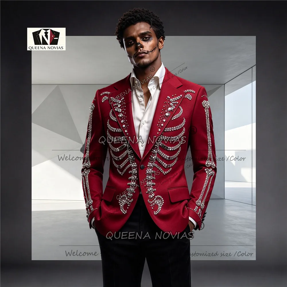 Handmade Beaded Stones Men's Suit Luxury Sparkly Beaded Stones Jacket Pants 2 Piece Sets Groom Stage Performance Tuxedo Attire