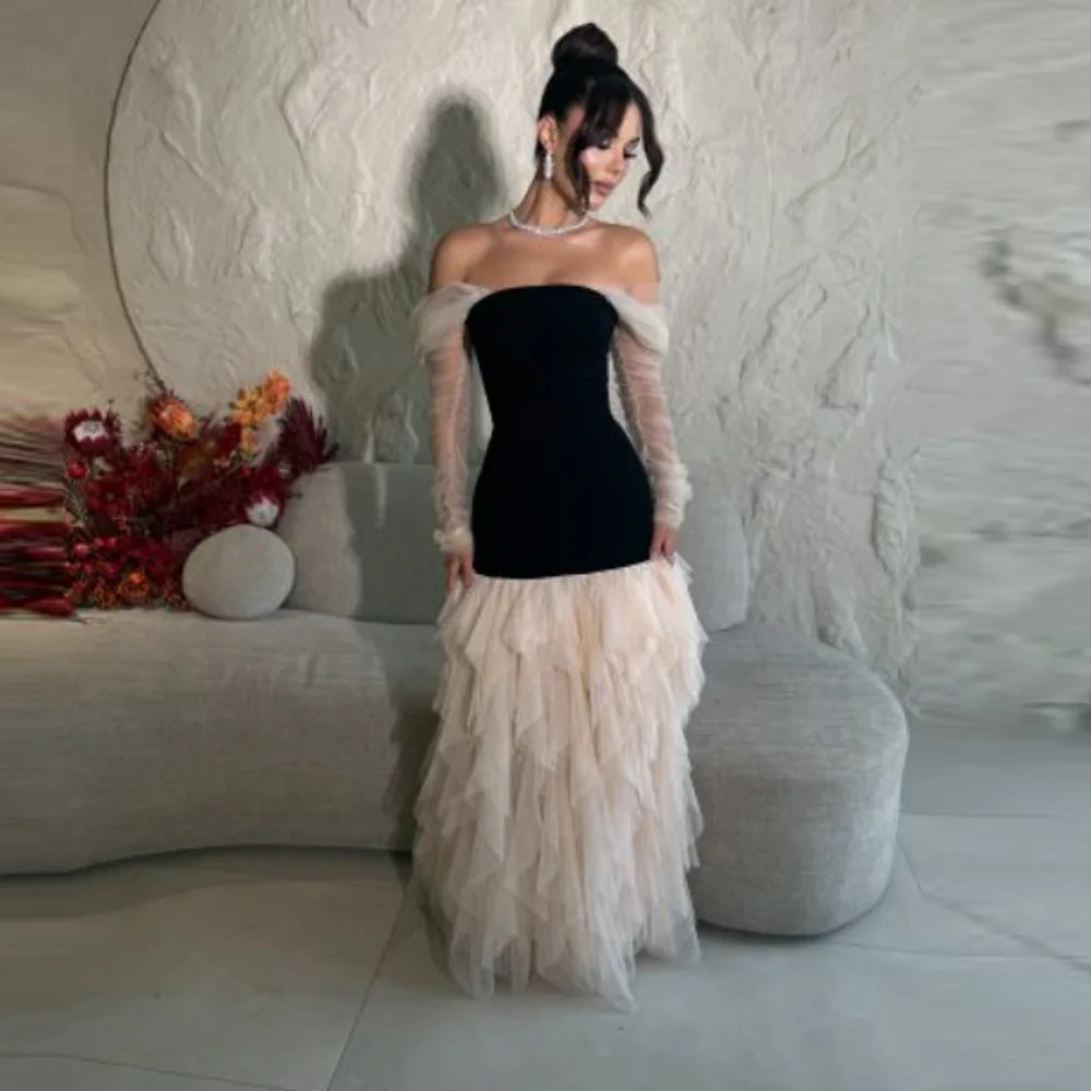 

Customized Contrast Color Prom Dresses Long Sleeves فساتين حفلة موسيقية Ruffles Tulle Evening Party Gown