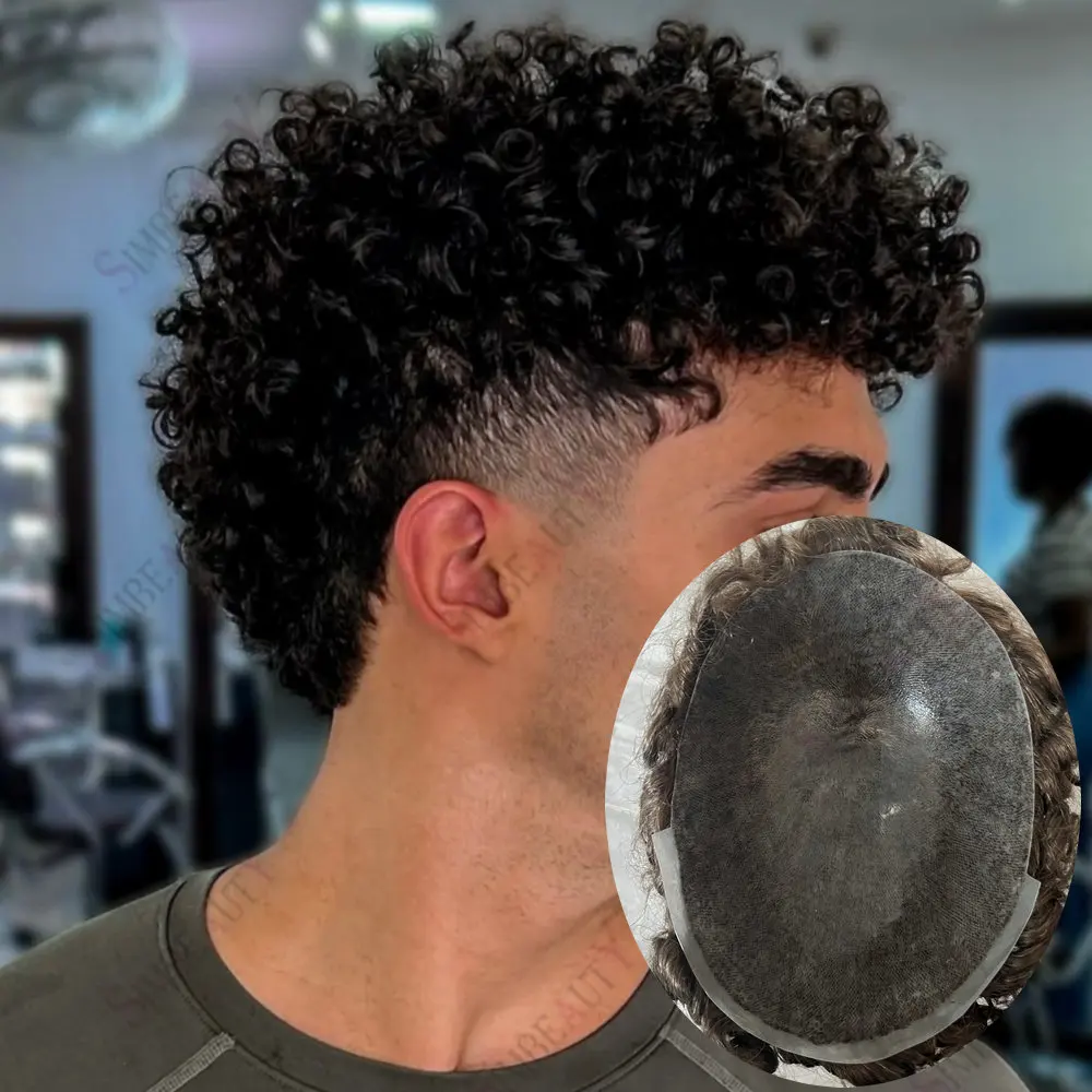 

Мужской парик из натуральных кудрявых волос 15 мм, система замещения волос для мужчин с естественной линией роста волос, прочная тонкая полиуретановая основа, капиллярный протез