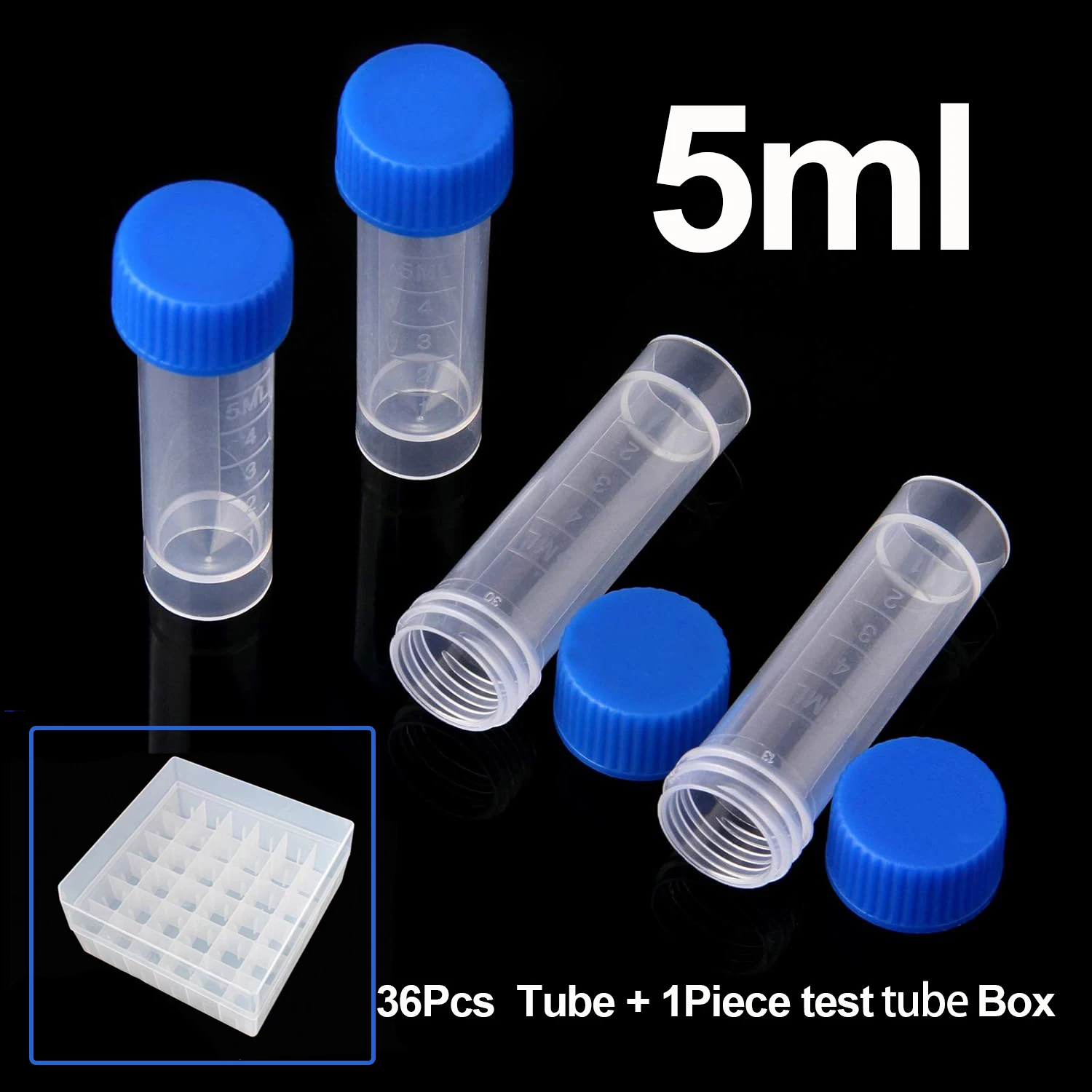 36Pcs 5ml Plastic Test Tubes Screw Cap 5ml Bottle Vial Storage Vial Storage Container for Lab with 1Piece 36-holes test tube box