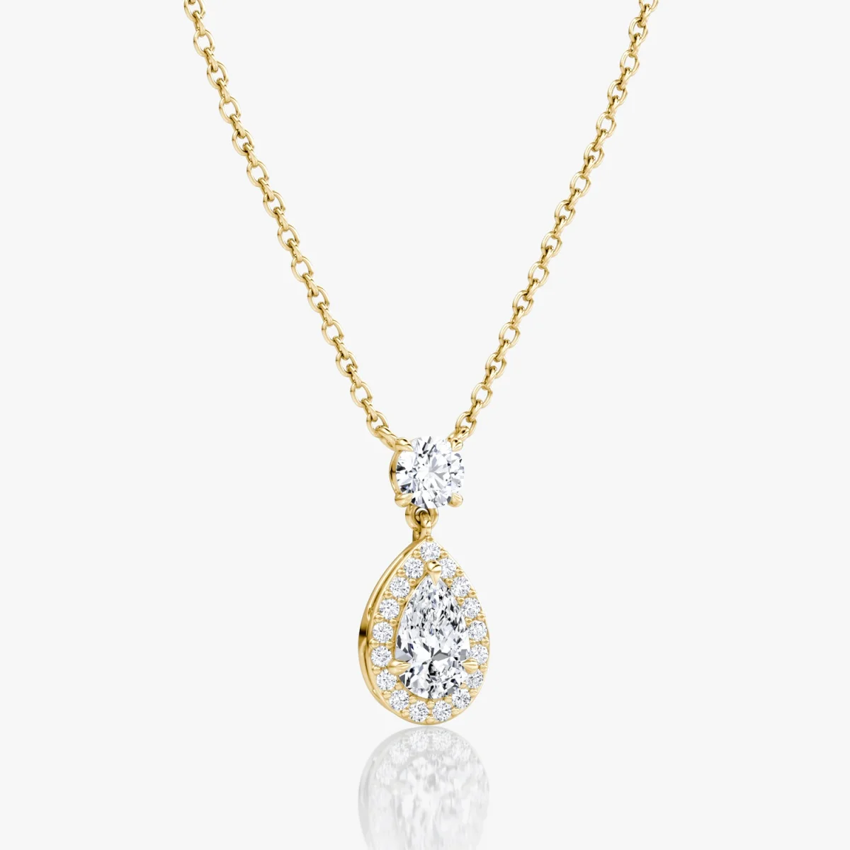 14K Yellow Gold Halo Diamond Necklace Charm Pear Shape Lab Grown Diamond Double Drop Diamond Pendant For Anniversary Gift