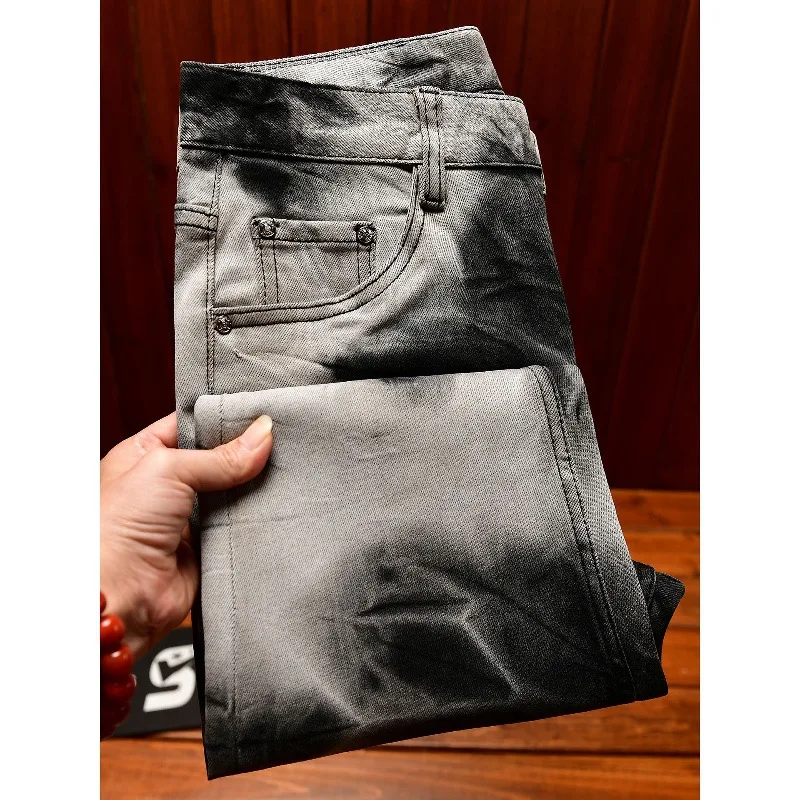 

Fashionable and personalized tie dye black and white mixed color design jeans men's stretch slim fit trend retro long pants