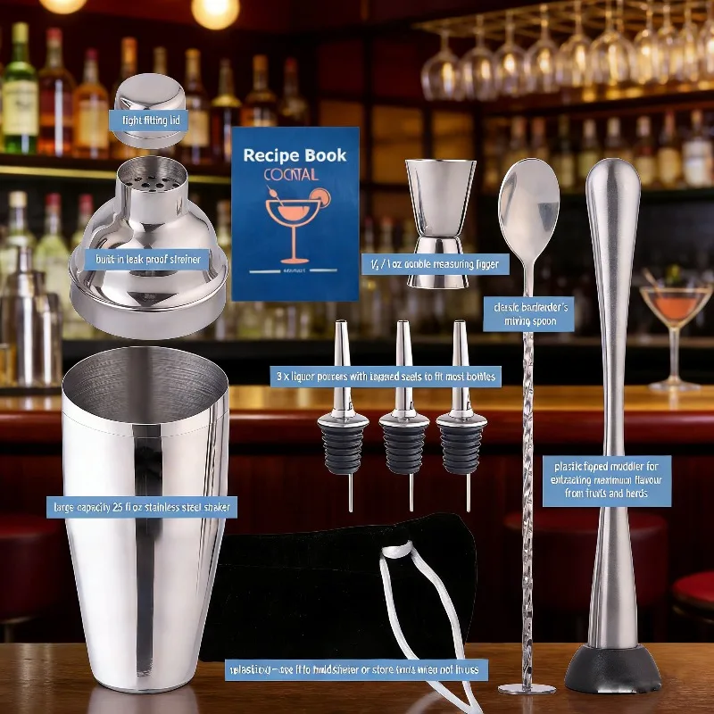 9Pcs Stainless Steel Boston Cocktail Shaker Bar Kit 25oz Martini Shaker Full Mixology Tools For  Beginner Bartender DIY