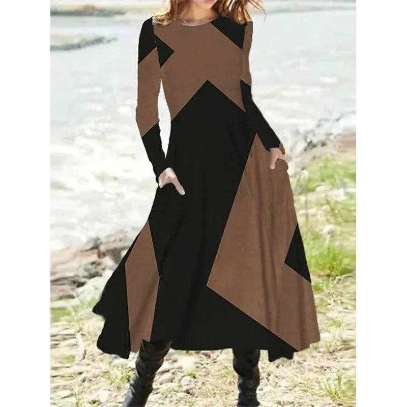 Retro Fashion Contrast Color Elegant Party Ladies Dresses Spring Autumn Casual Street Long Sleeve Loose Pockets Midi Dress Women