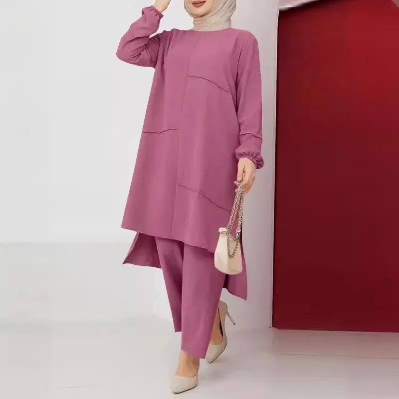 New  Casual Solid Women Matching Set Ladies Outfits 2ps Casual Long Sleeves Muslim Sets O-Neck Turkish Blouse Wide Leg Pant Suit