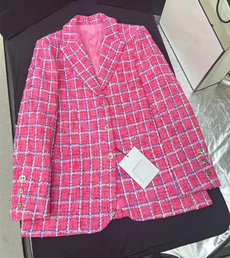 

Europe and the United States women's 2024 summer new Long sleeve suit collar Single breasted pink plaid fashion The tweed jacket