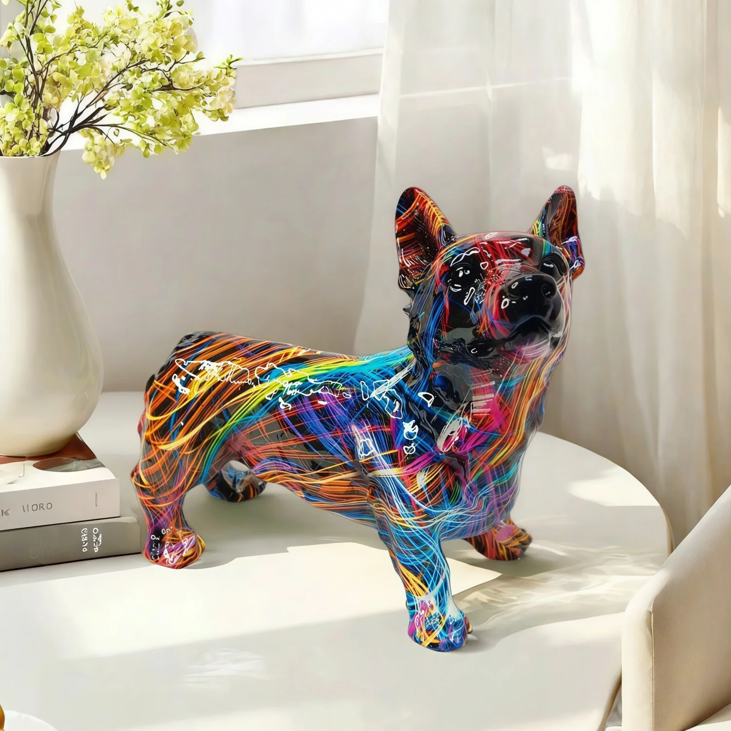 *qa Minimalist Transfer Print Tilted Head Corgi Figurine Creative Resin Statue Home Decor Desktop Gift#