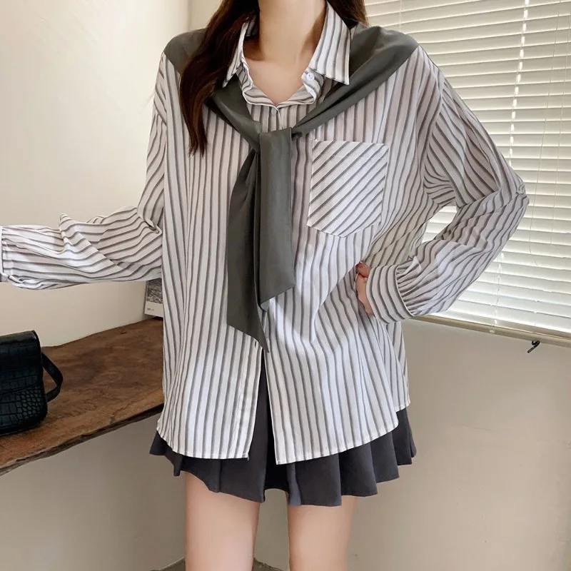 INS Korean Fake Two Pieces Preppy Students Blouses Coffee Navy Button Up Shirts Sweet Women Loose Casual Long Sleeve Tops Spring